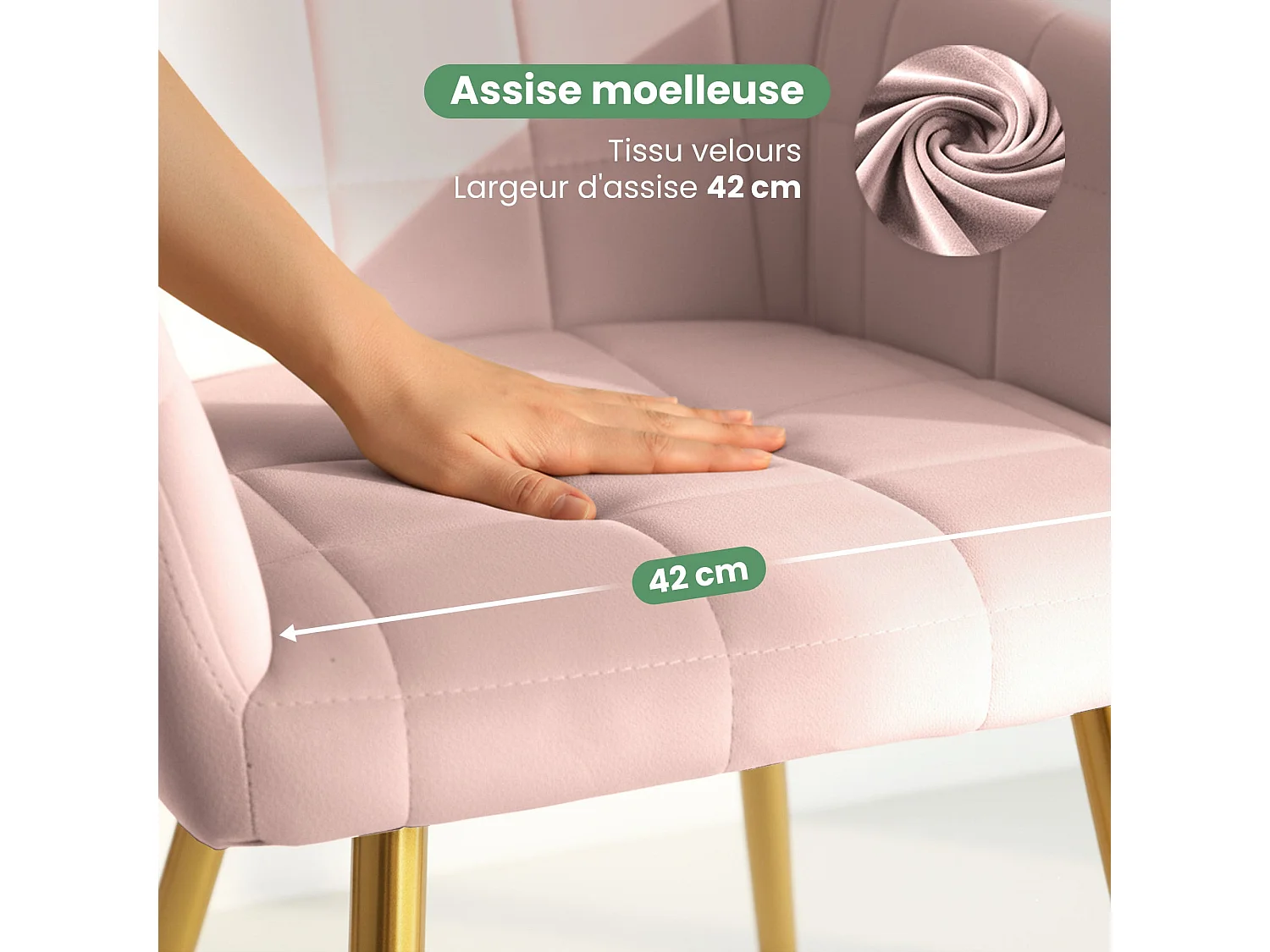 Juego de 6 sillas acolchadas LUXANO Rosa Cipria patas doradas