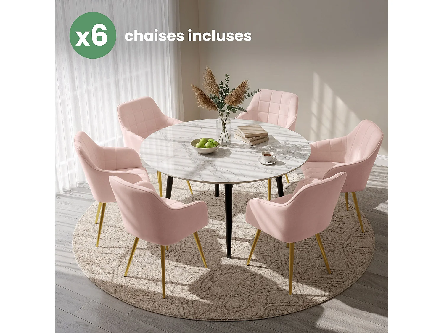 Juego de 6 sillas acolchadas LUXANO Rosa Cipria patas doradas