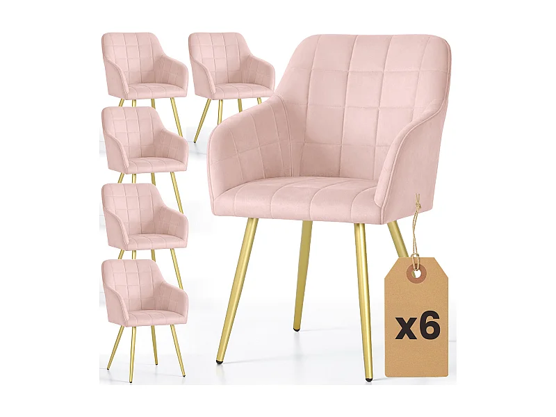 Lot de 6 Chaises rembourrées à surpiqûres carrées LUXANO Rose Poudré pieds dorés