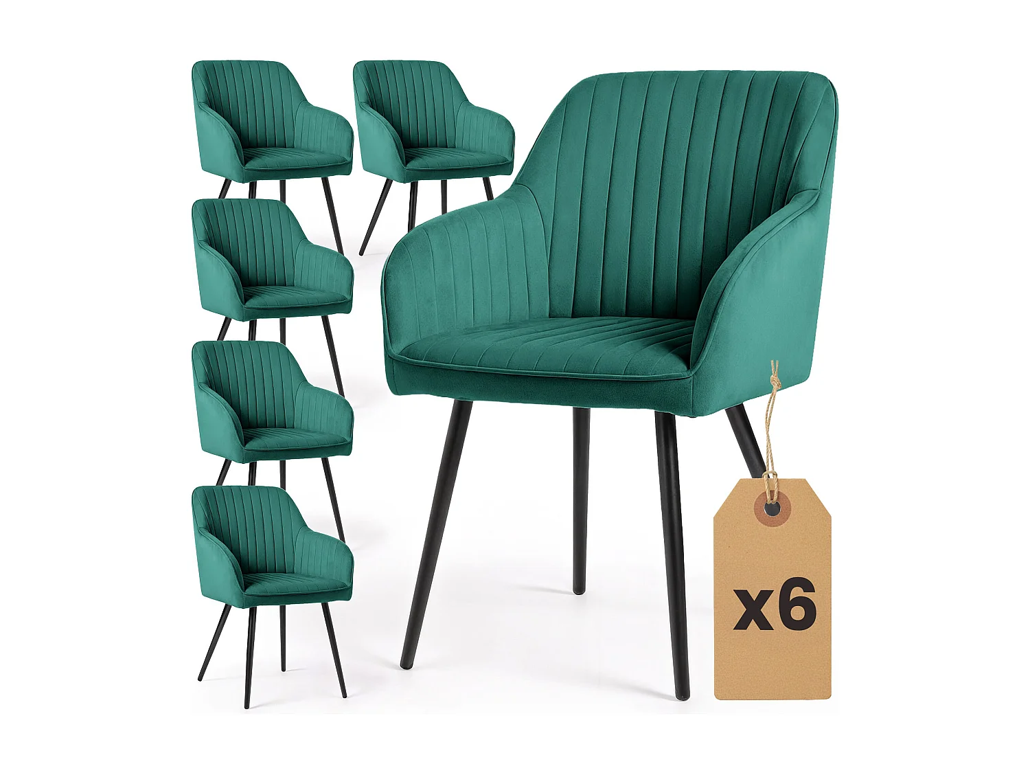 Lot de 6 Chaises en velours à surpiqûres FLORENCE Vert Bouteille pieds noirs