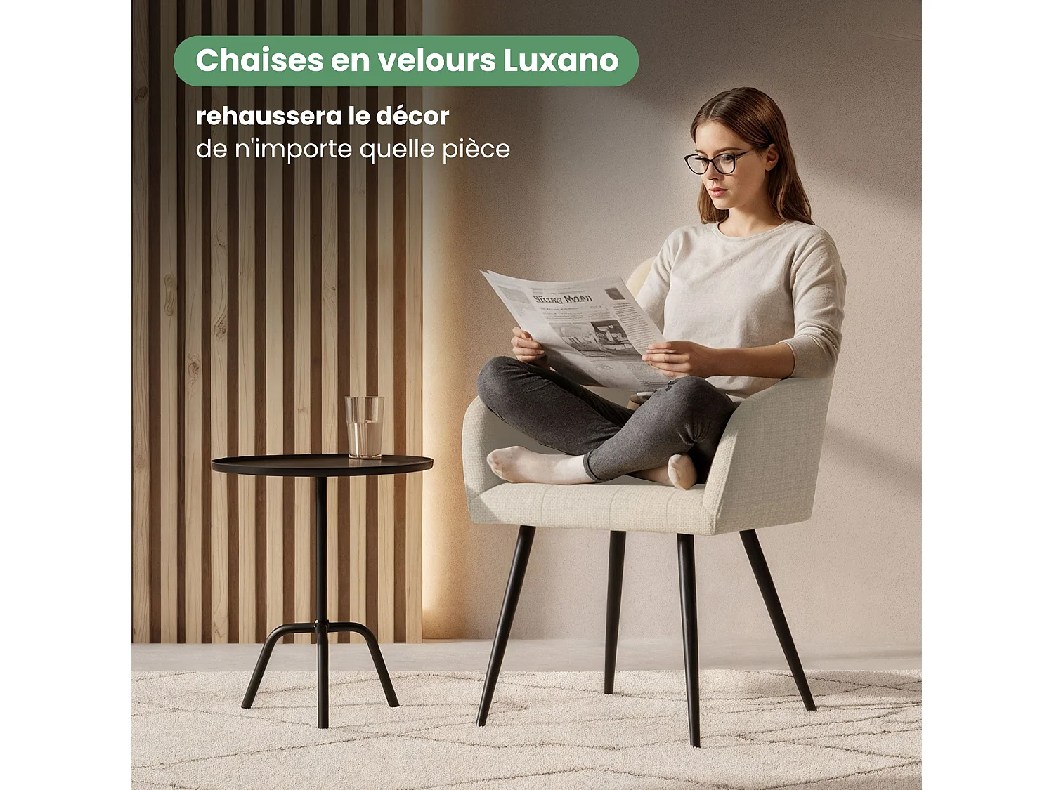 Set di 4 Sedie imbottite con cuciture quadrate LUXANO Beige gambe nere tessuto Lumos