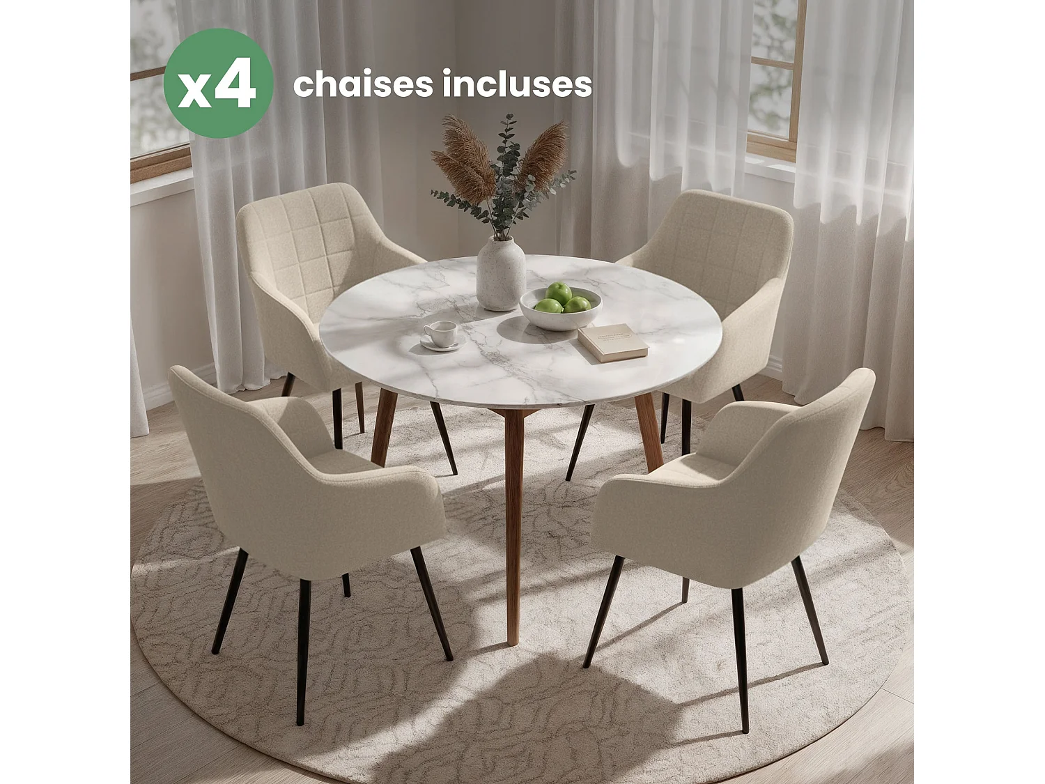 Set di 4 Sedie imbottite con cuciture quadrate LUXANO Beige gambe nere tessuto Lumos