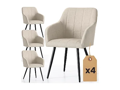 Set van 4 Eetkamerstoelen LUXANO met Armleuningen / Gestoffeerde Stoelen en Metalen Poten / Lumos-stof / Beige met zwarte benen