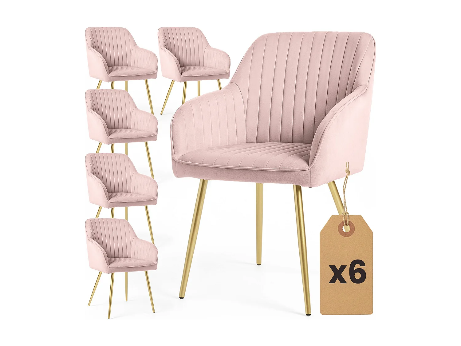 Lot de 6 Chaises en velours à surpiqûres FLORENCE Rose Poudré pieds dorés