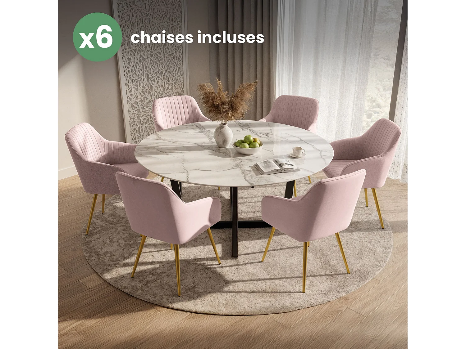 Lot de 6 Chaises en velours à surpiqûres FLORENCE Rose Poudré pieds dorés