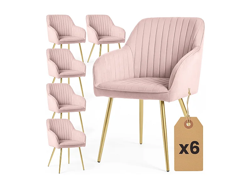 Lot de 6 Chaises en velours à surpiqûres FLORENCE Rose Poudré pieds dorés