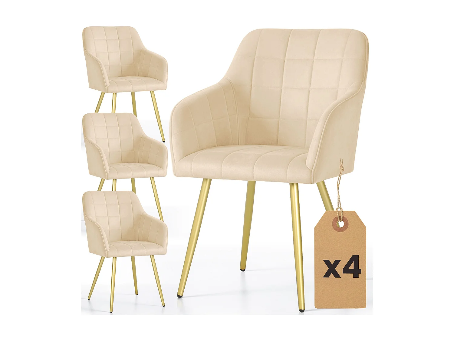 Set di 4 Sedie imbottite con cuciture quadrate LUXANO Beige gambe oro