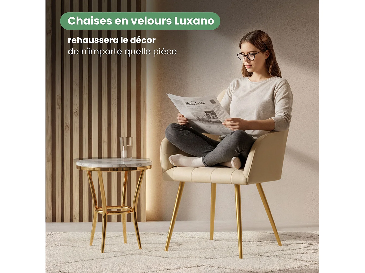 Set di 4 Sedie imbottite con cuciture quadrate LUXANO Beige gambe oro