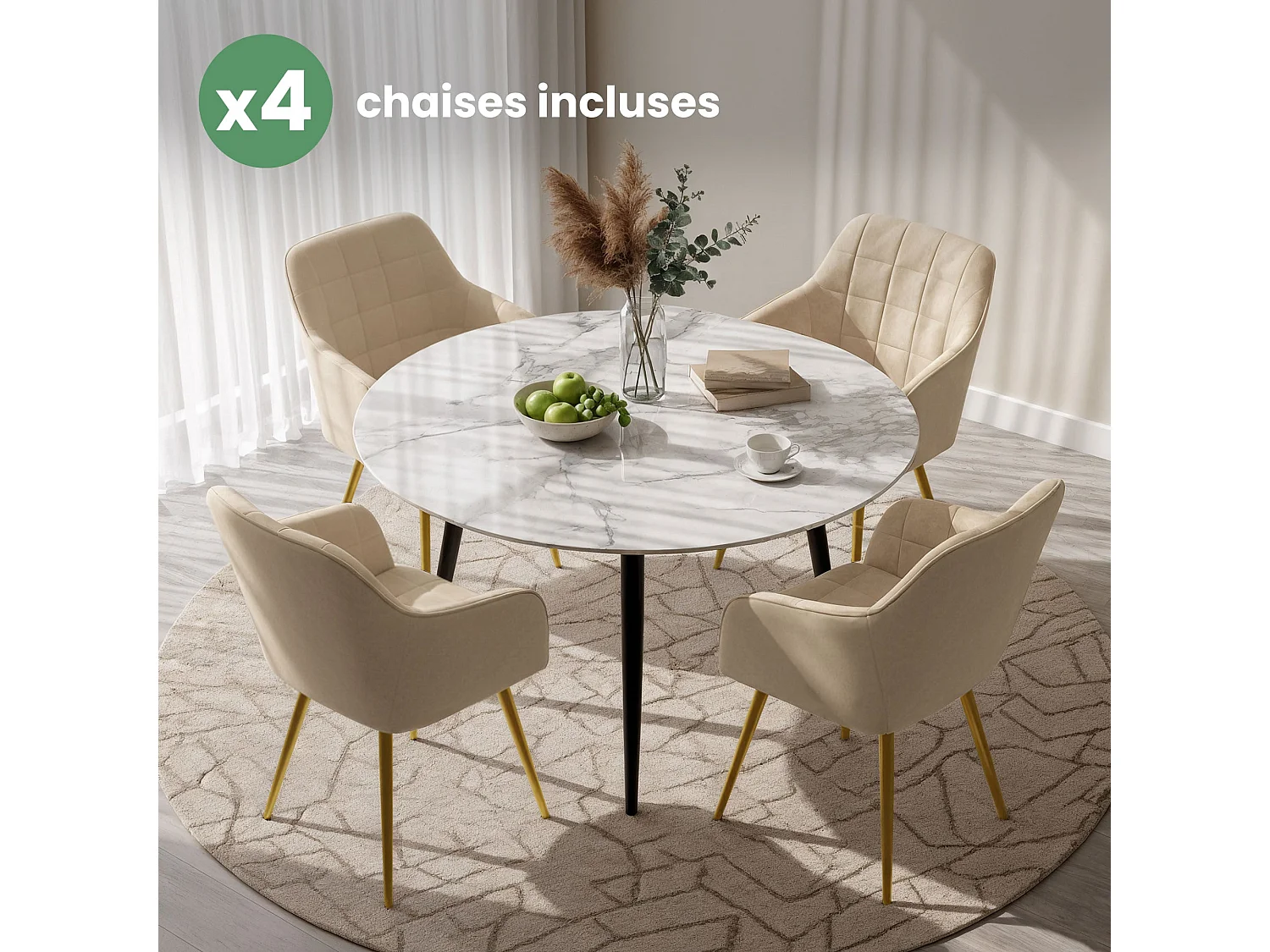 Set di 4 Sedie imbottite con cuciture quadrate LUXANO Beige gambe oro