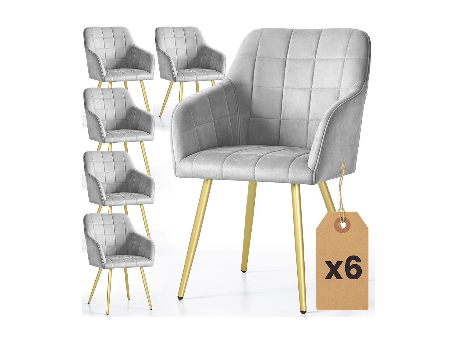 Set di 6 Sedie imbottite con cuciture quadrate LUXANO Grigio gambe oro