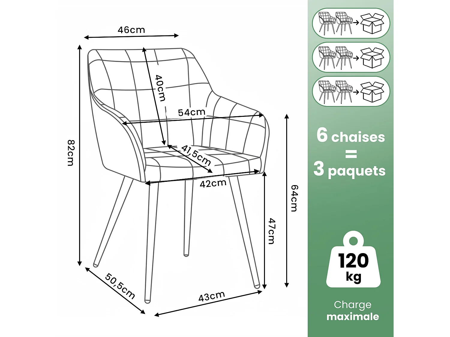 Set di 6 Sedie imbottite con cuciture quadrate LUXANO Grigio gambe oro
