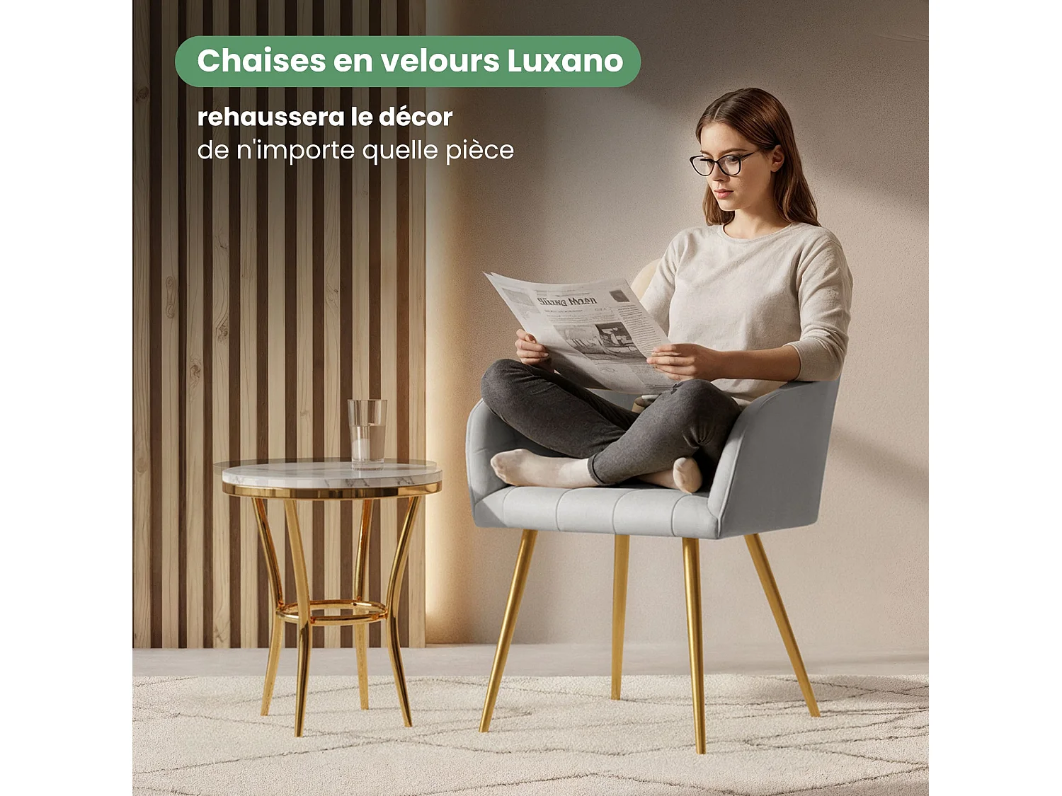 Set di 6 Sedie imbottite con cuciture quadrate LUXANO Grigio gambe oro