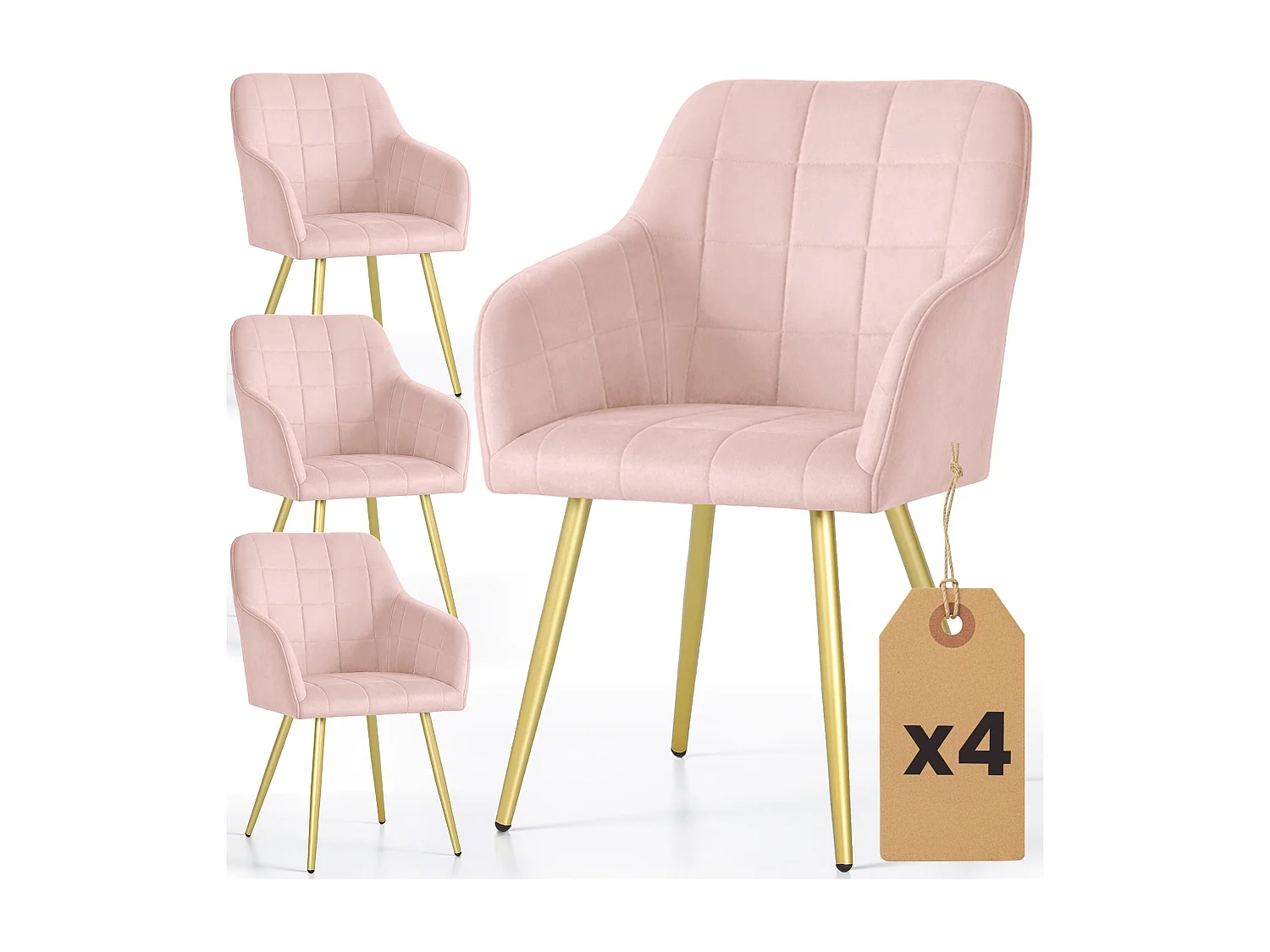 Set di 4 Sedie imbottite con cuciture quadrate LUXANO Rosa Cipria gambe oro