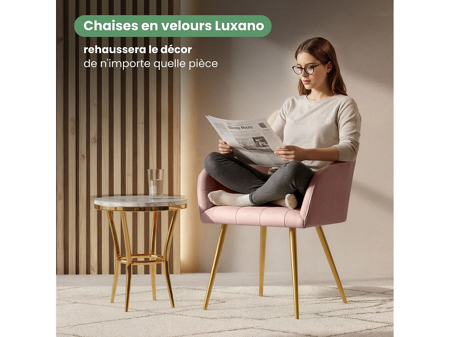 Set di 4 Sedie imbottite con cuciture quadrate LUXANO Rosa Cipria gambe oro