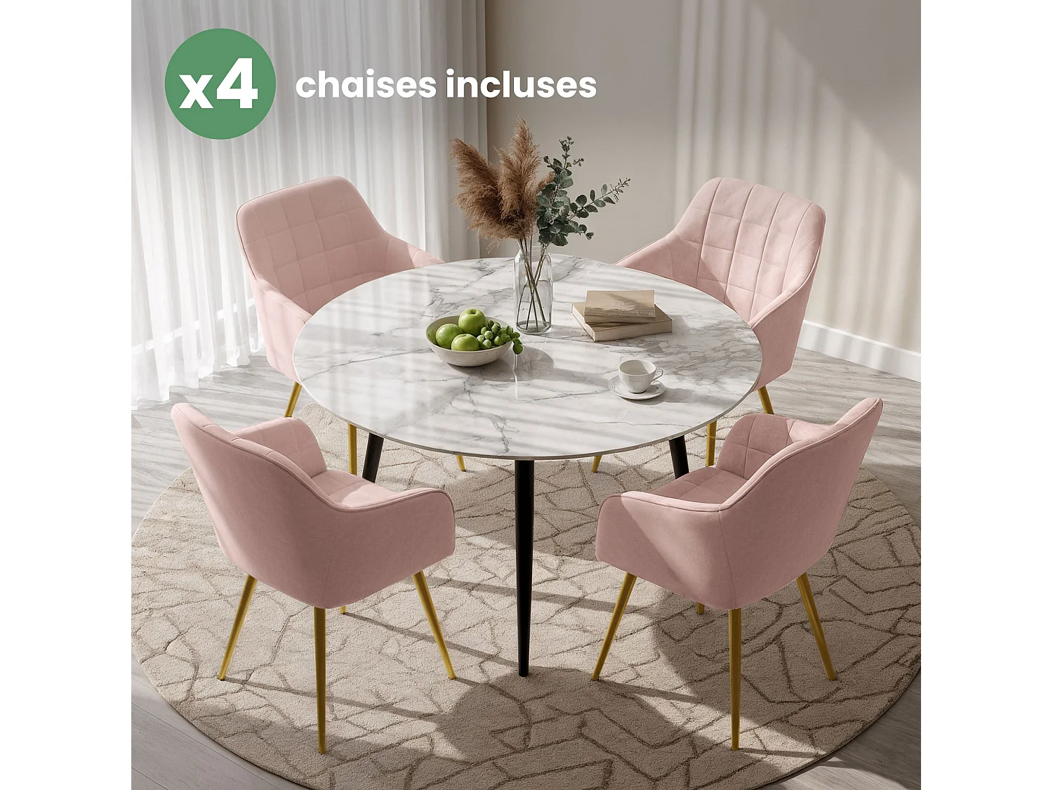 Set di 4 Sedie imbottite con cuciture quadrate LUXANO Rosa Cipria gambe oro