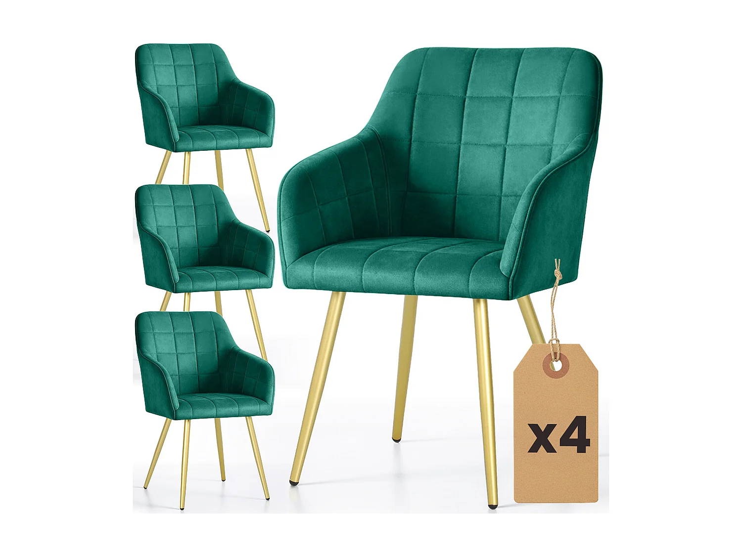 Set di 4 Sedie imbottite con cuciture quadrate LUXANO Verde Bottiglia gambe oro