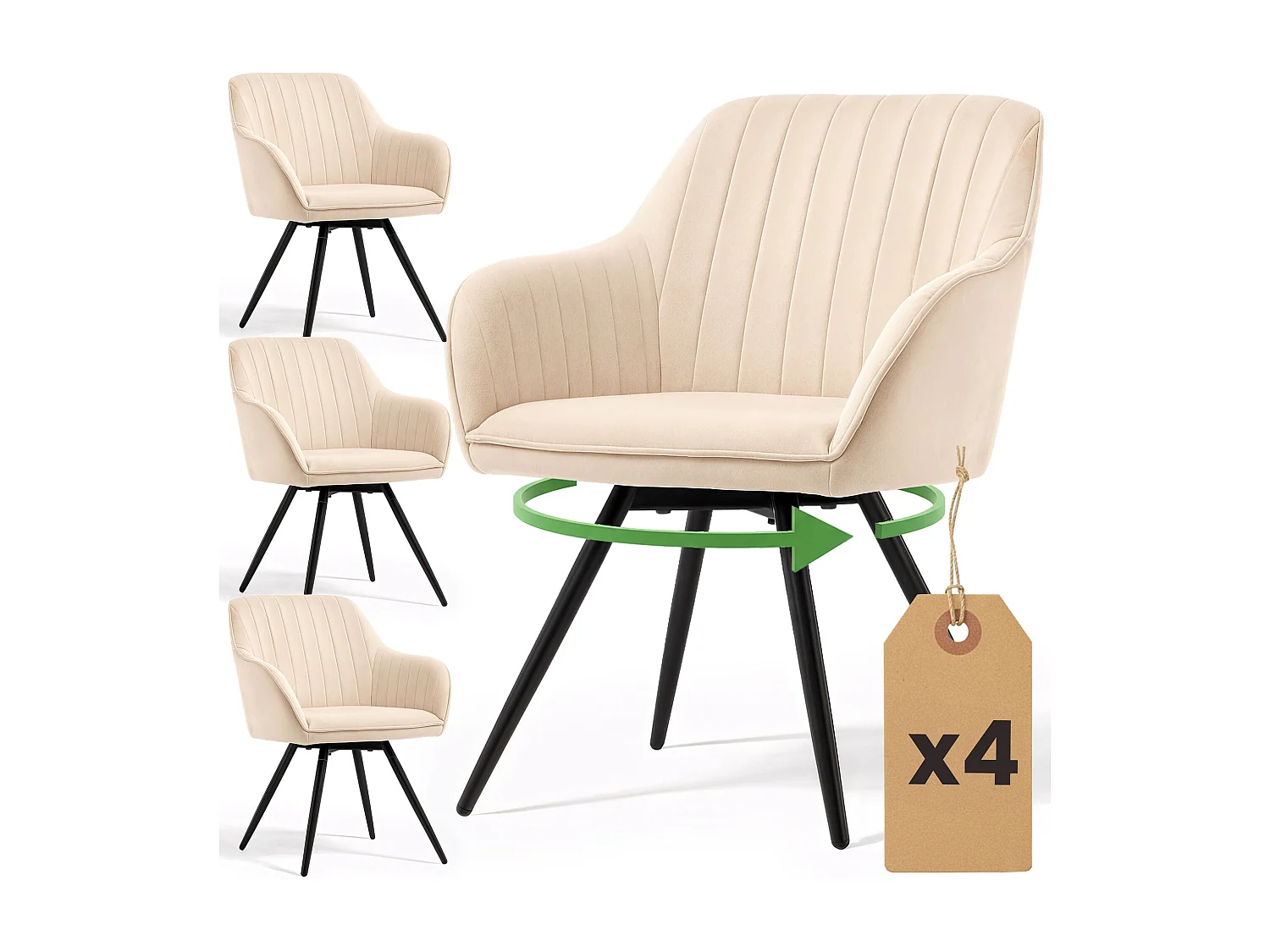 4er Set Drehbare Veloursstühle mit Ziernähten TURNO Beige mit schwarzen Beinen
