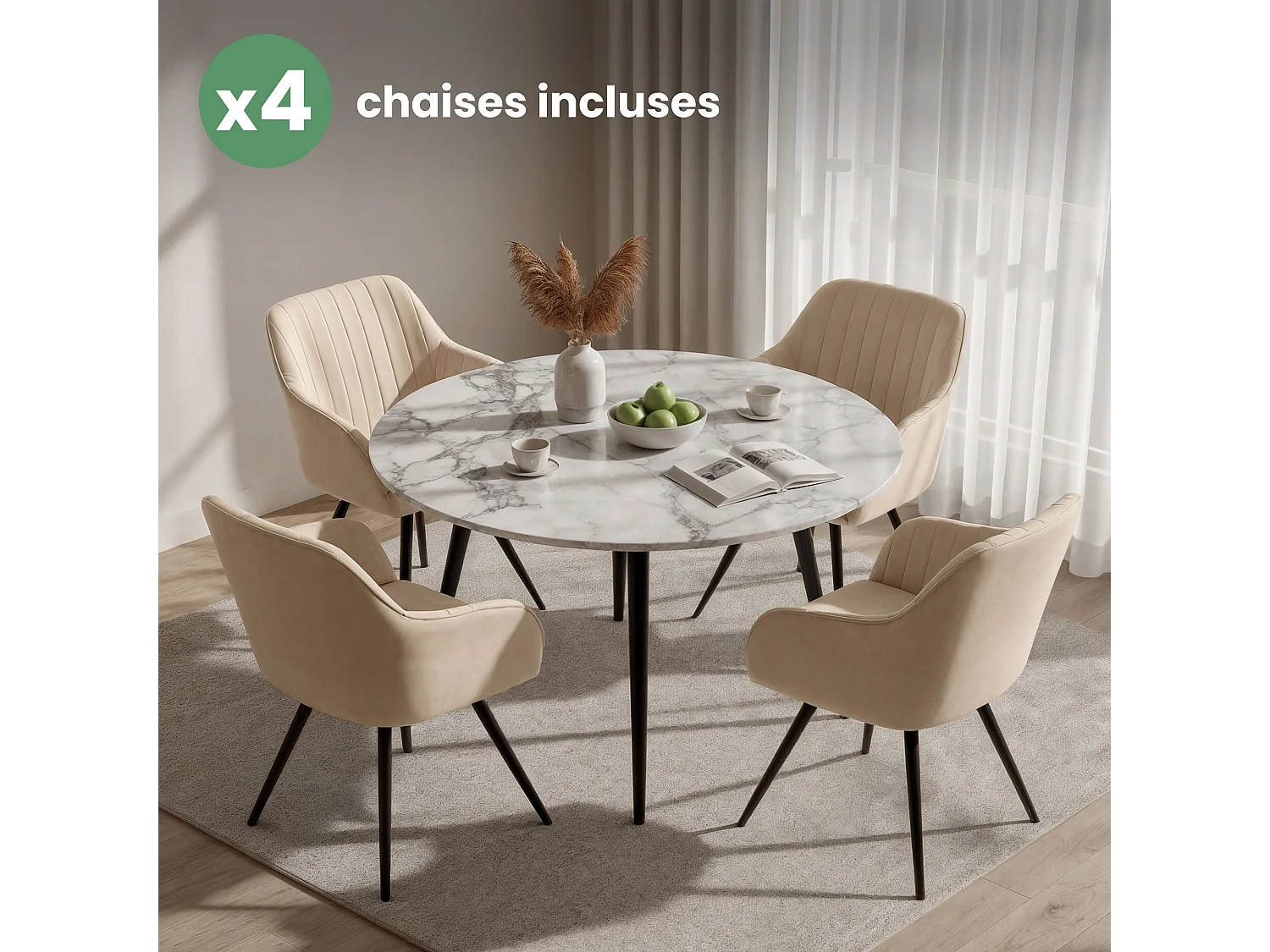 4er Set Drehbare Veloursstühle mit Ziernähten TURNO Beige mit schwarzen Beinen