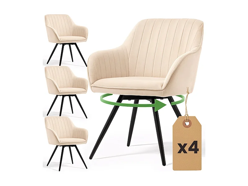 4er Set Drehbare Veloursstühle mit Ziernähten TURNO Beige mit schwarzen Beinen