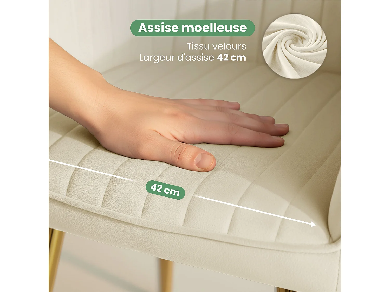 Set di 4 Sedie in velluto con cuciture verticali FLORENCE Crema gambe oro