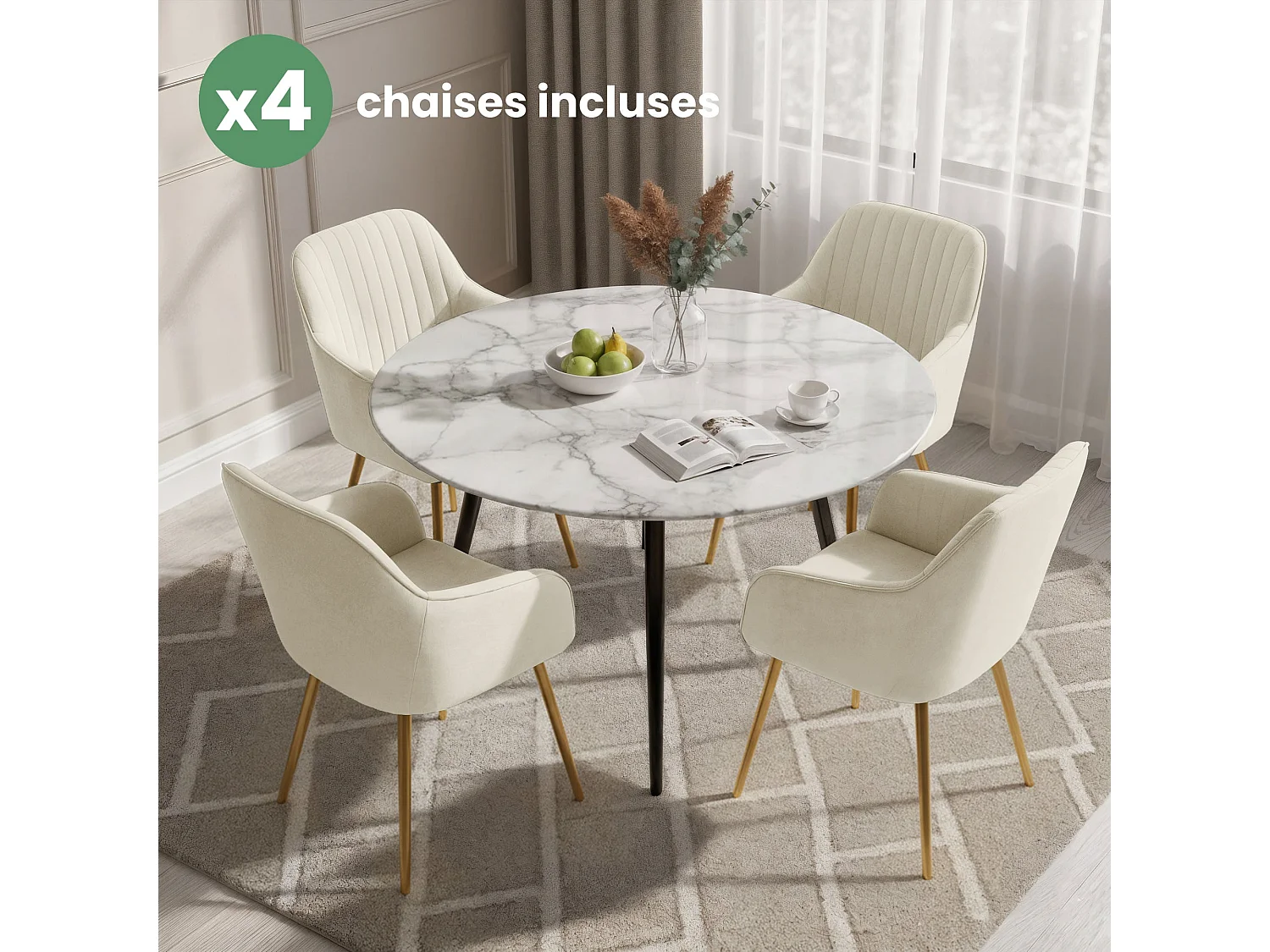 Set di 4 Sedie in velluto con cuciture verticali FLORENCE Crema gambe oro