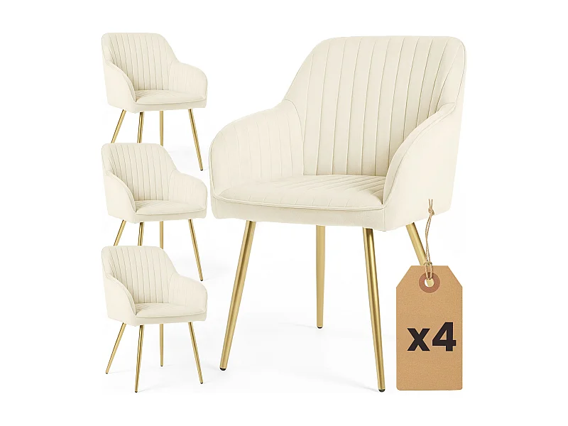 Lot de 4 Chaises en velours à surpiqûres FLORENCE Crème pieds dorés