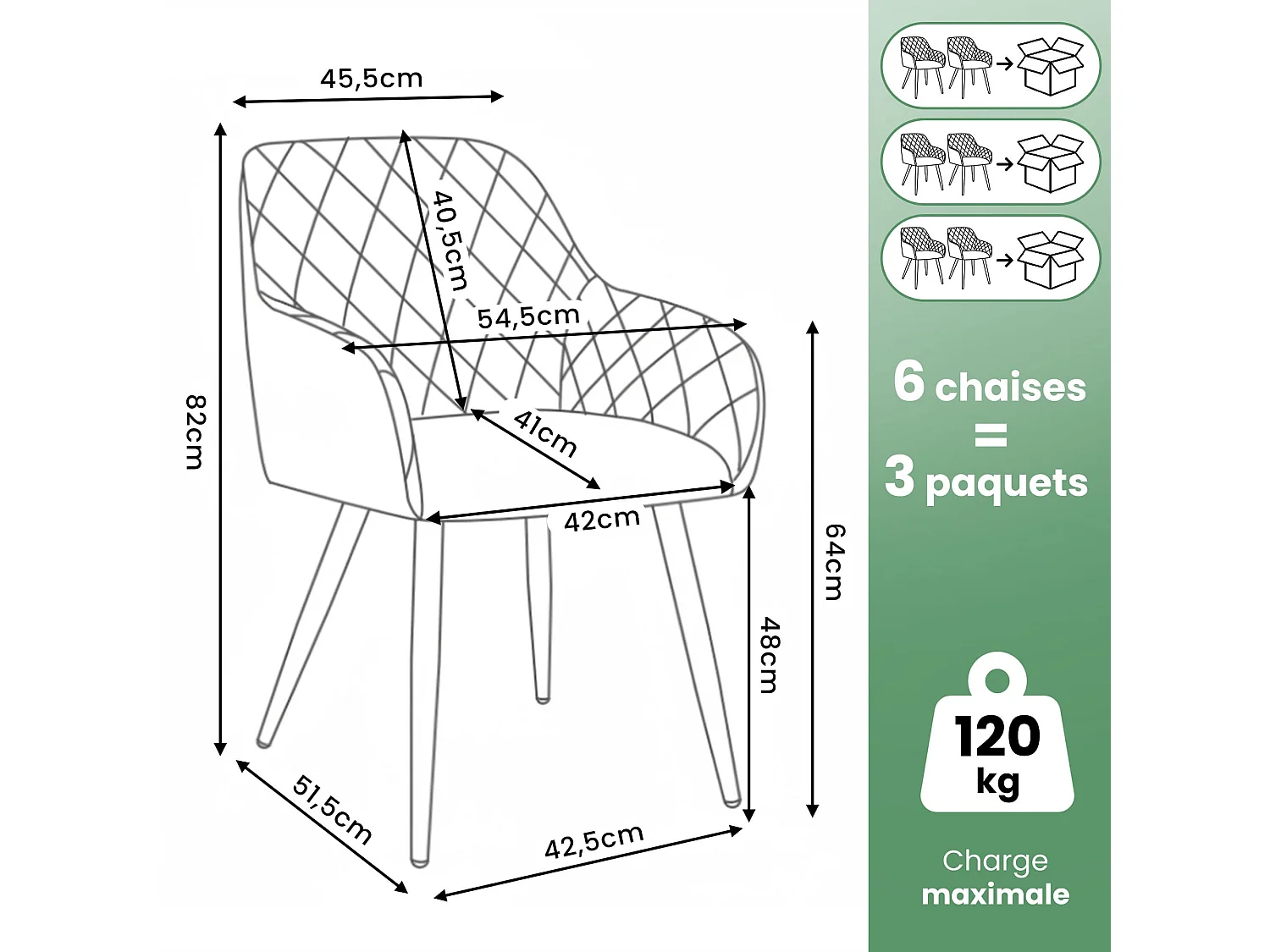Juego de 6 sillas de terciopelo con costuras en rombos VELTO Gris patas negras