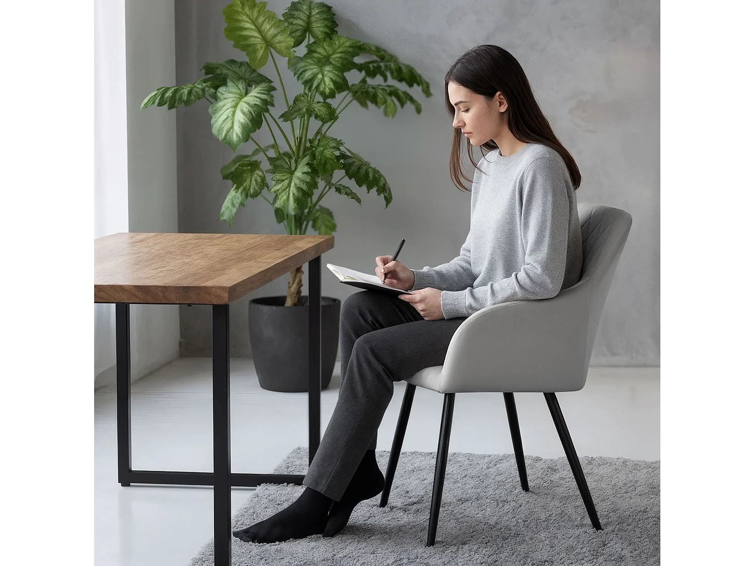 Juego de 6 sillas de terciopelo con costuras en rombos VELTO Gris patas negras