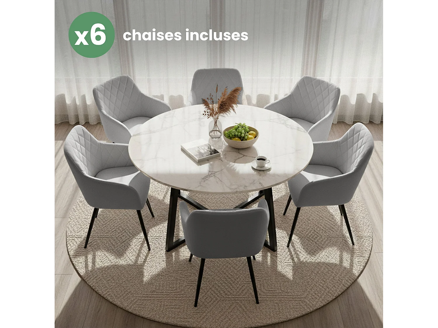 Juego de 6 sillas de terciopelo con costuras en rombos VELTO Gris patas negras