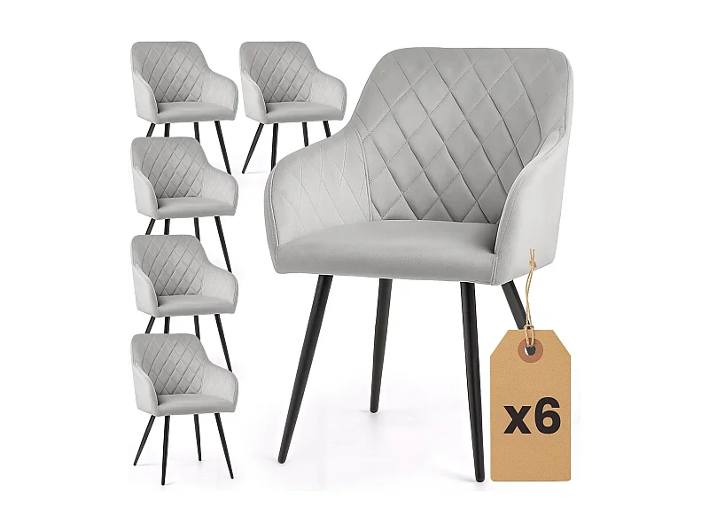 Lot de 6 Chaises en velours matelassées en losanges VELTO Gris pieds noirs