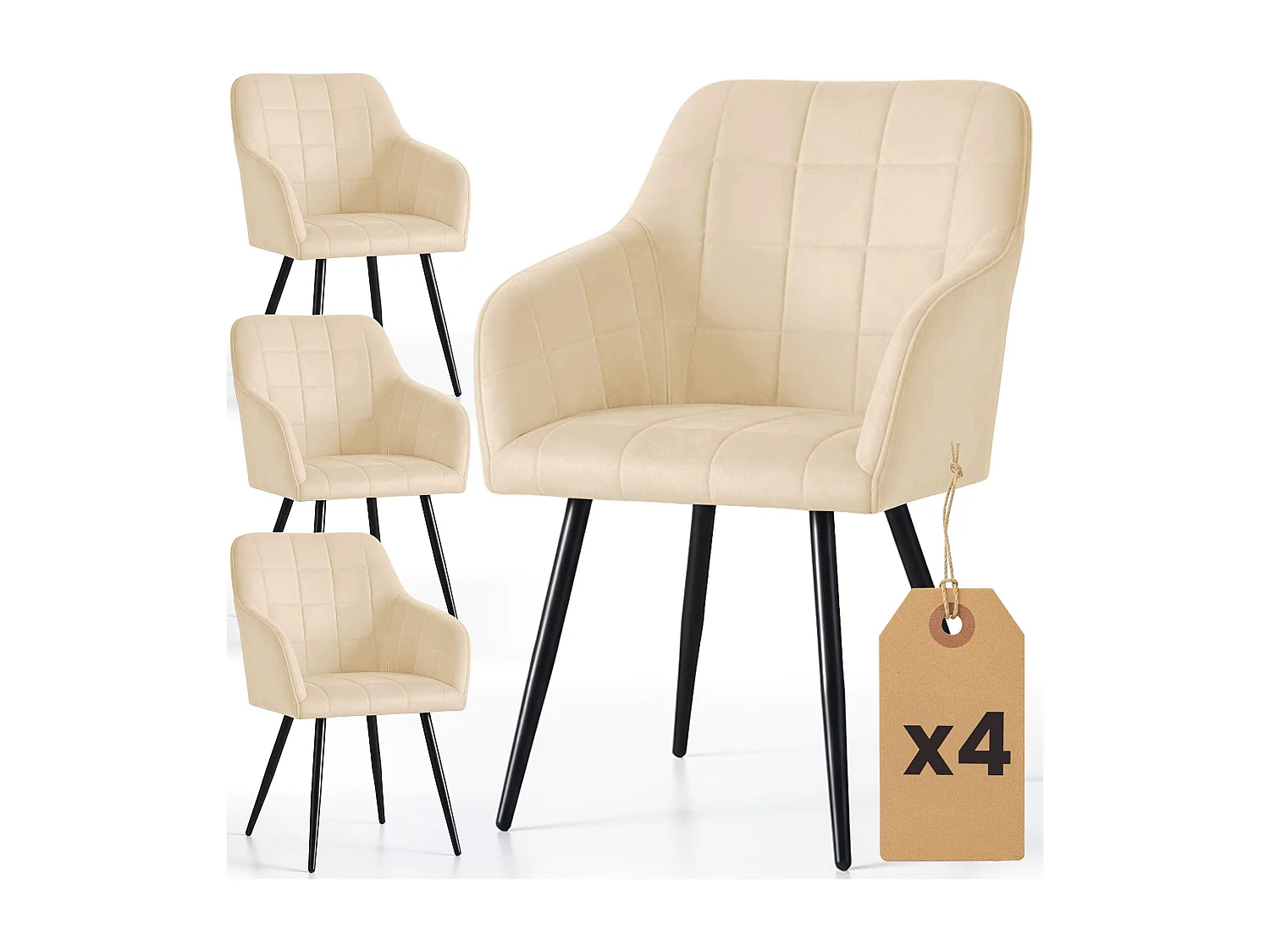 Set di 4 Sedie imbottite con cuciture quadrate LUXANO Beige gambe nere