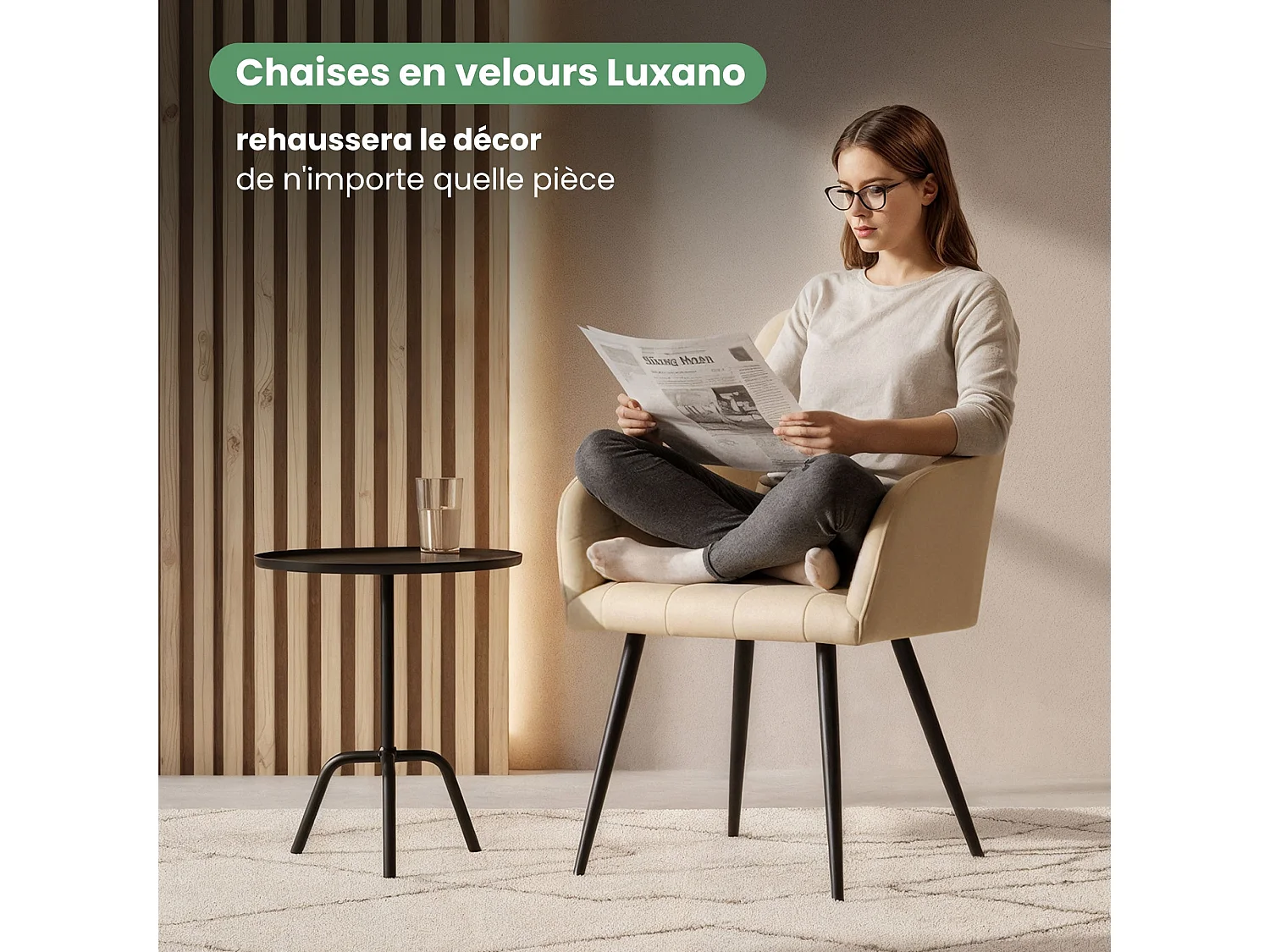 Set di 4 Sedie imbottite con cuciture quadrate LUXANO Beige gambe nere