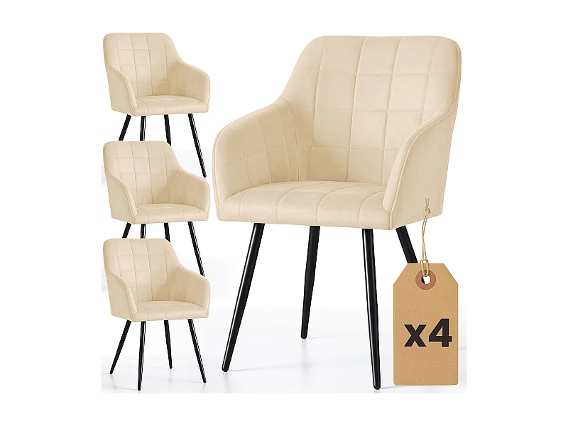Set van 4 Eetkamerstoelen LUXANO met Armleuningen / Gestoffeerde Stoelen / Fluwelen Stoelen en Metalen Poten / Beige met zwarte benen