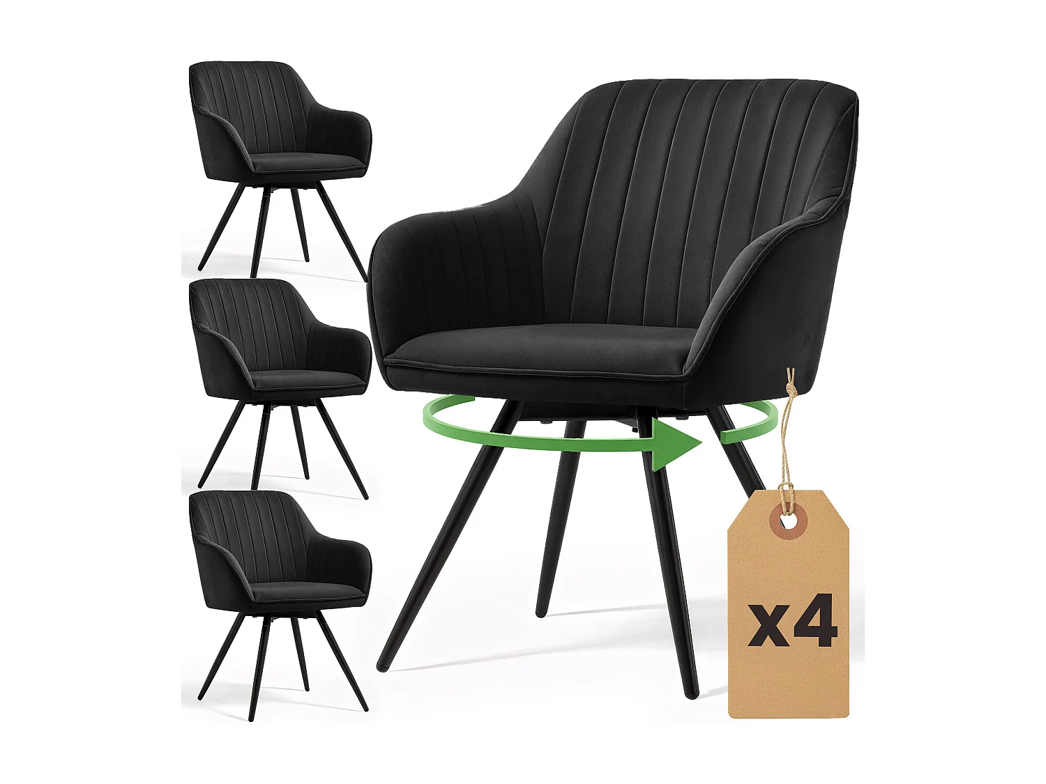 Lot de 4 Chaises pivotantes en velours à surpiqûres TURNO Noir pieds noirs