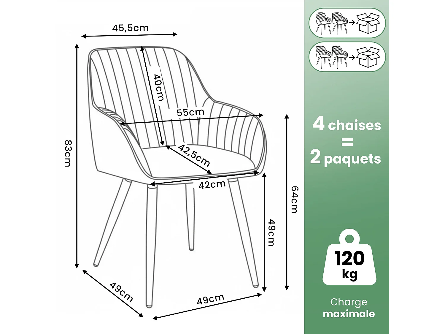 Lot de 4 Chaises pivotantes en velours à surpiqûres TURNO Noir pieds noirs