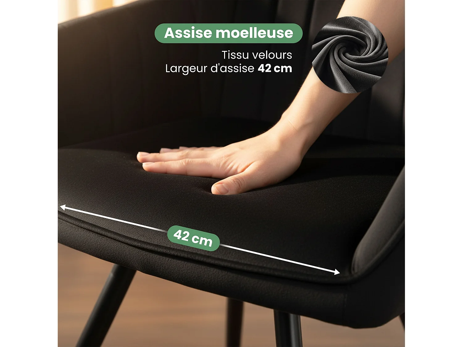 Lot de 4 Chaises pivotantes en velours à surpiqûres TURNO Noir pieds noirs