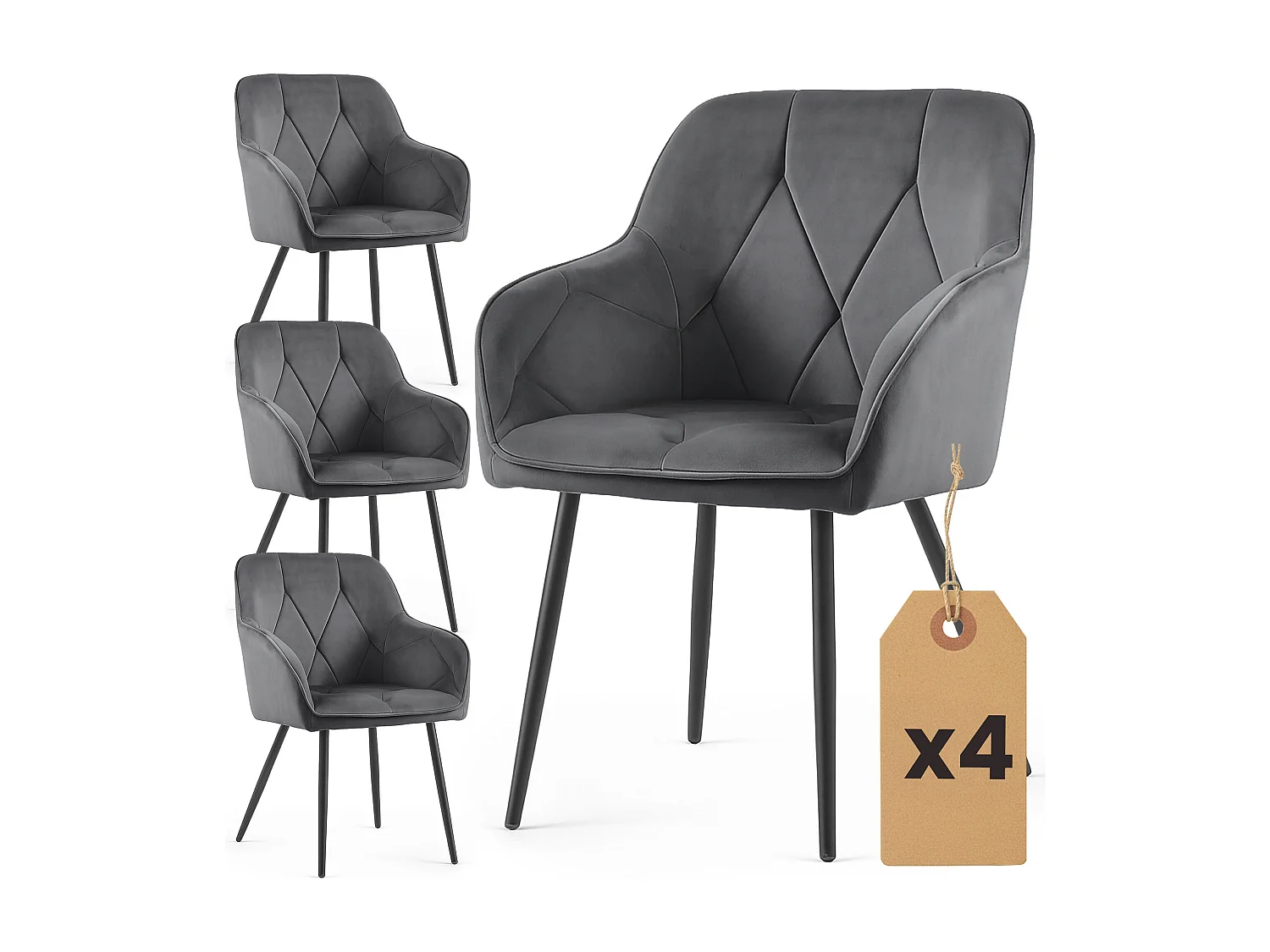 Set van 4 Eetkamerstoelen DIAMANTE met Armleuningen / Gestoffeerde Stoelen / Fluwelen Stoelen en Metalen Poten / Antraciet met zwarte benen