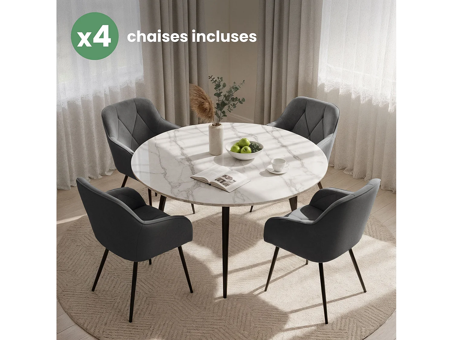 Set van 4 Eetkamerstoelen DIAMANTE met Armleuningen / Gestoffeerde Stoelen / Fluwelen Stoelen en Metalen Poten / Antraciet met zwarte benen