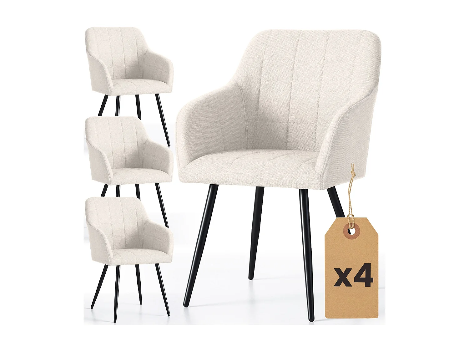 Set di 4 Sedie imbottite con cuciture quadrate LUXANO Crema gambe nere tessuto Lumos
