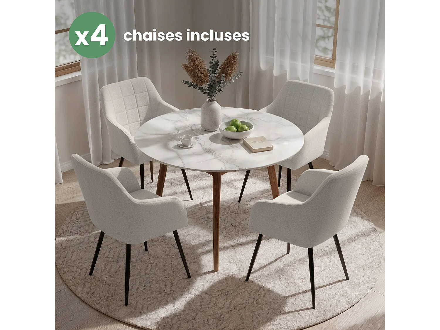 Set di 4 Sedie imbottite con cuciture quadrate LUXANO Crema gambe nere tessuto Lumos