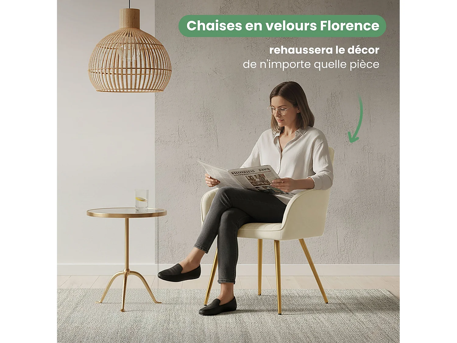 Lot de 6 Chaises en velours à surpiqûres FLORENCE Crème pieds dorés