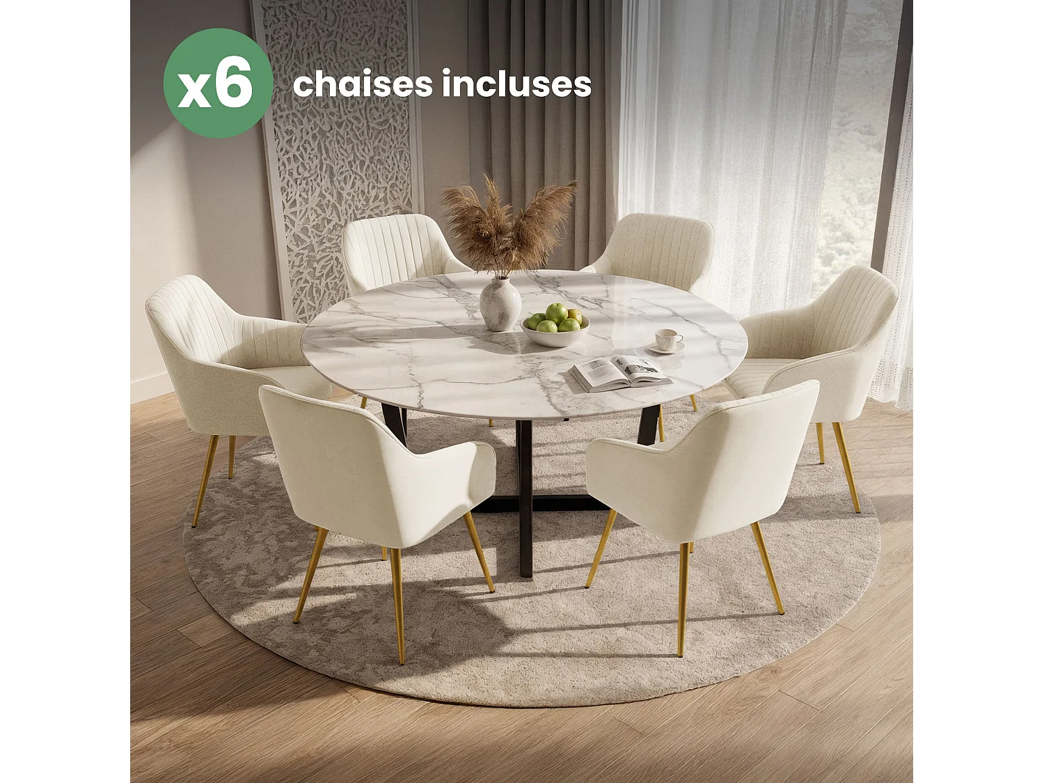 Lot de 6 Chaises en velours à surpiqûres FLORENCE Crème pieds dorés