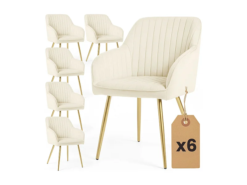6er Set Velours Esszimmerstühle mit Ziernähten FLORENCE Creme mit goldenen Beinen