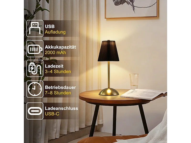 Nettlife Draadloze Tafellampenset van 2 - Dimbaar LED-nachtlampje met aanraakbediening, USB-oplaadbaar, stoffen kap, modern design voor de slaapkamer