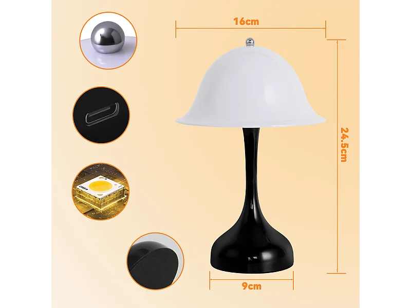 Nettlife Lampe de Table Sans Fil - Lampe Chevet LED Noire Tactile Dimmable, Rechargeable USB, Moderne pour Salon Chambre