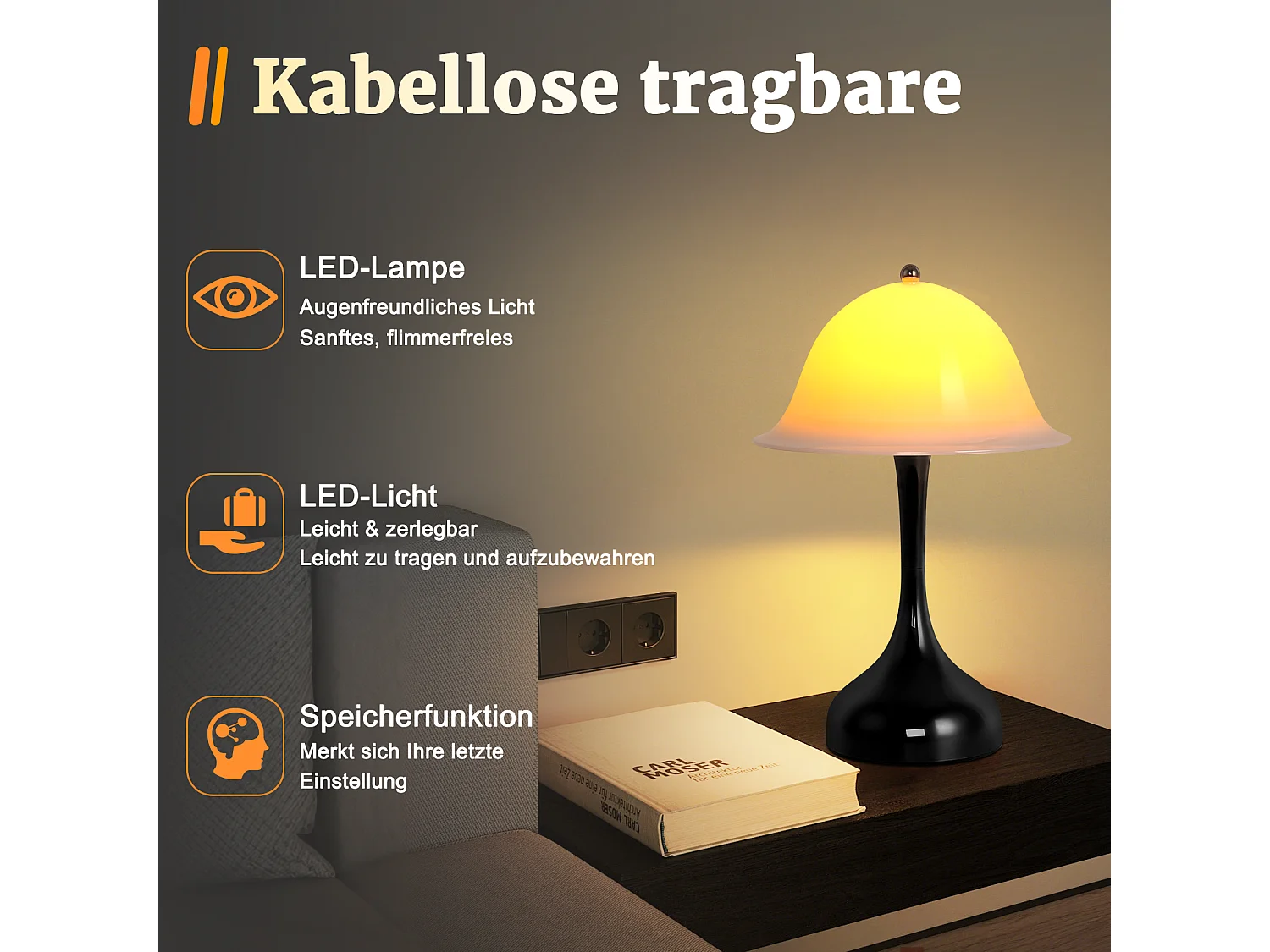 Nettlife Lampe de Table Sans Fil - Lampe Chevet LED Noire Tactile Dimmable, Rechargeable USB, Moderne pour Salon Chambre