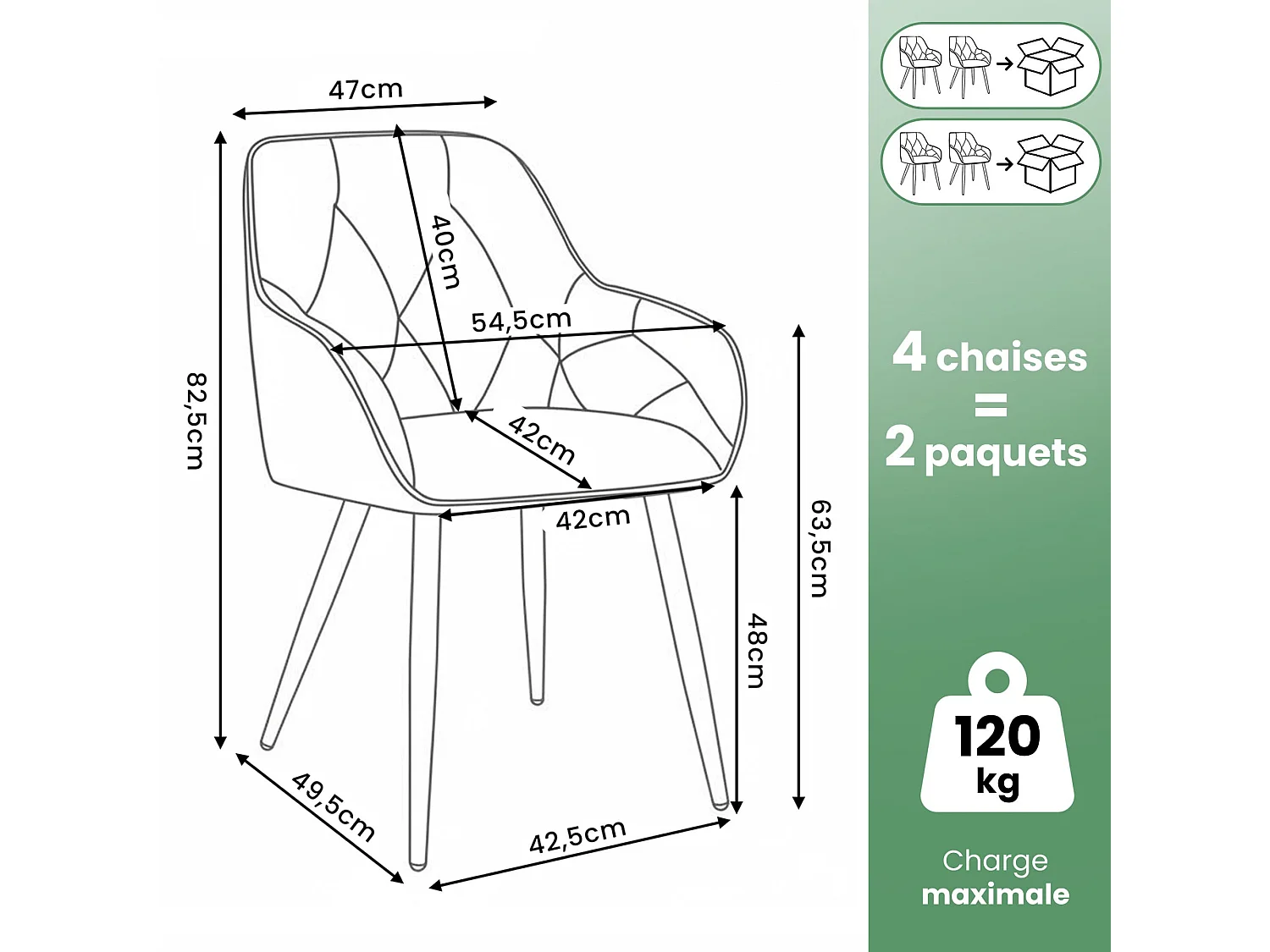 Set van 4 Eetkamerstoelen DIAMANTE met Armleuningen / Gestoffeerde Stoelen / Fluwelen Stoelen en Metalen Poten / Grijs met zwarte benen