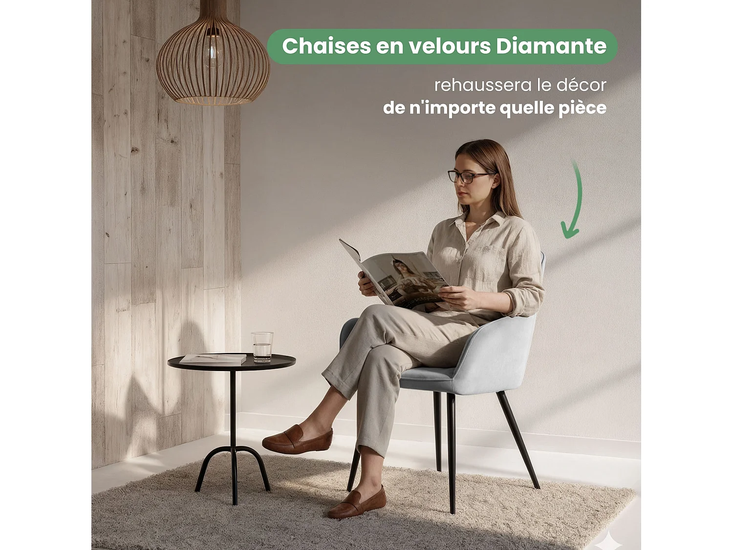 Set van 4 Eetkamerstoelen DIAMANTE met Armleuningen / Gestoffeerde Stoelen / Fluwelen Stoelen en Metalen Poten / Grijs met zwarte benen