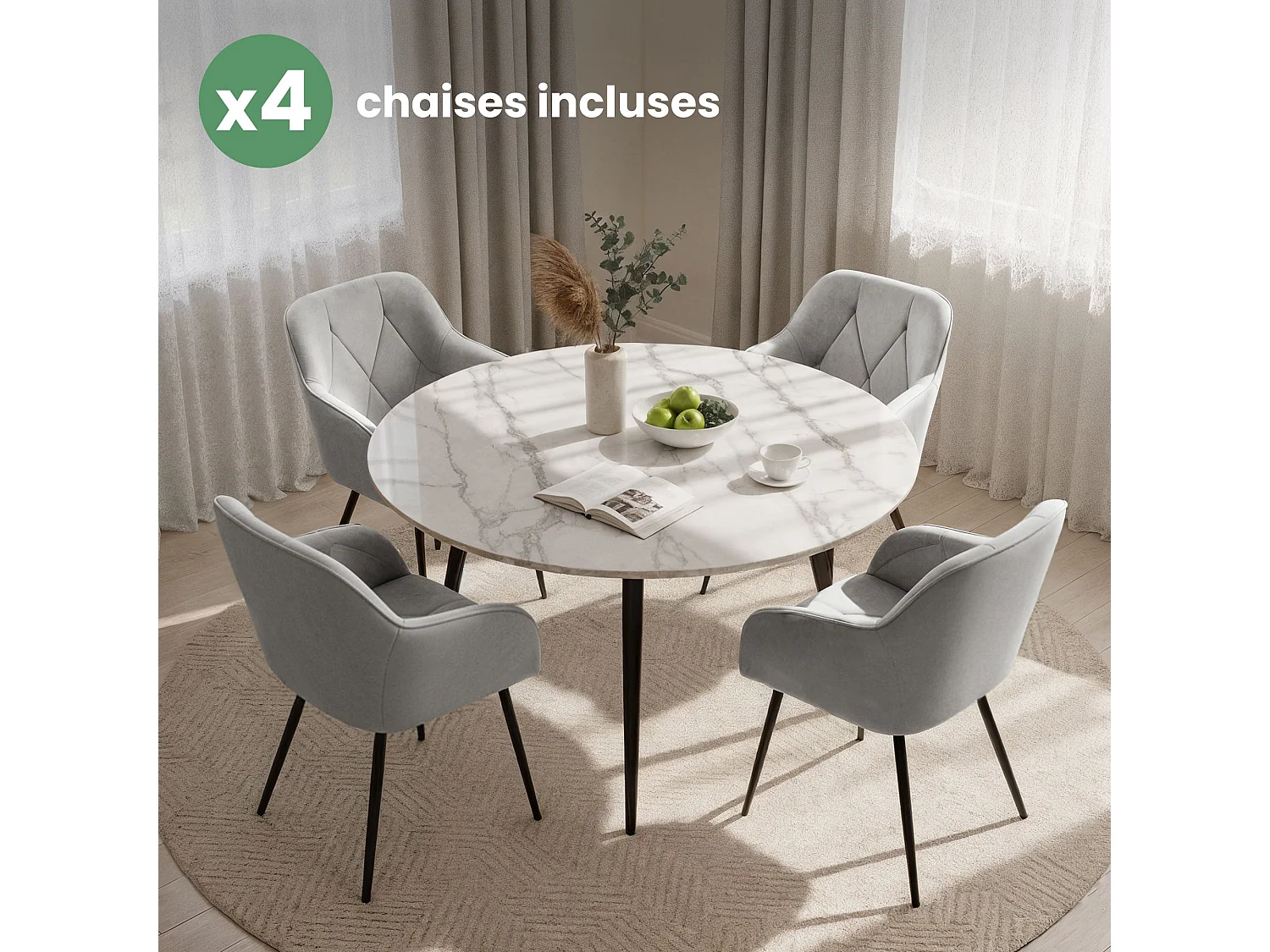 Set van 4 Eetkamerstoelen DIAMANTE met Armleuningen / Gestoffeerde Stoelen / Fluwelen Stoelen en Metalen Poten / Grijs met zwarte benen