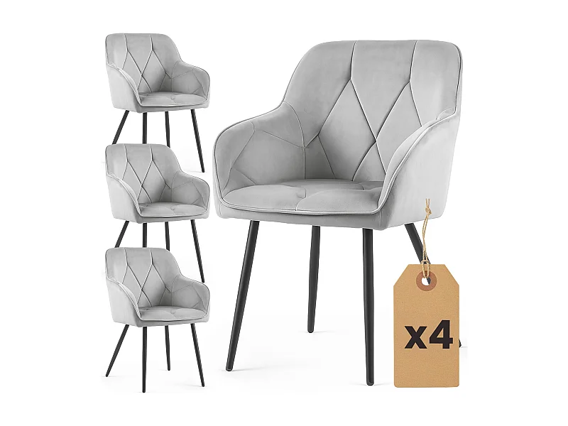 Lot de 4 Chaises en velours matelassées DIAMANTE Gris pieds noirs